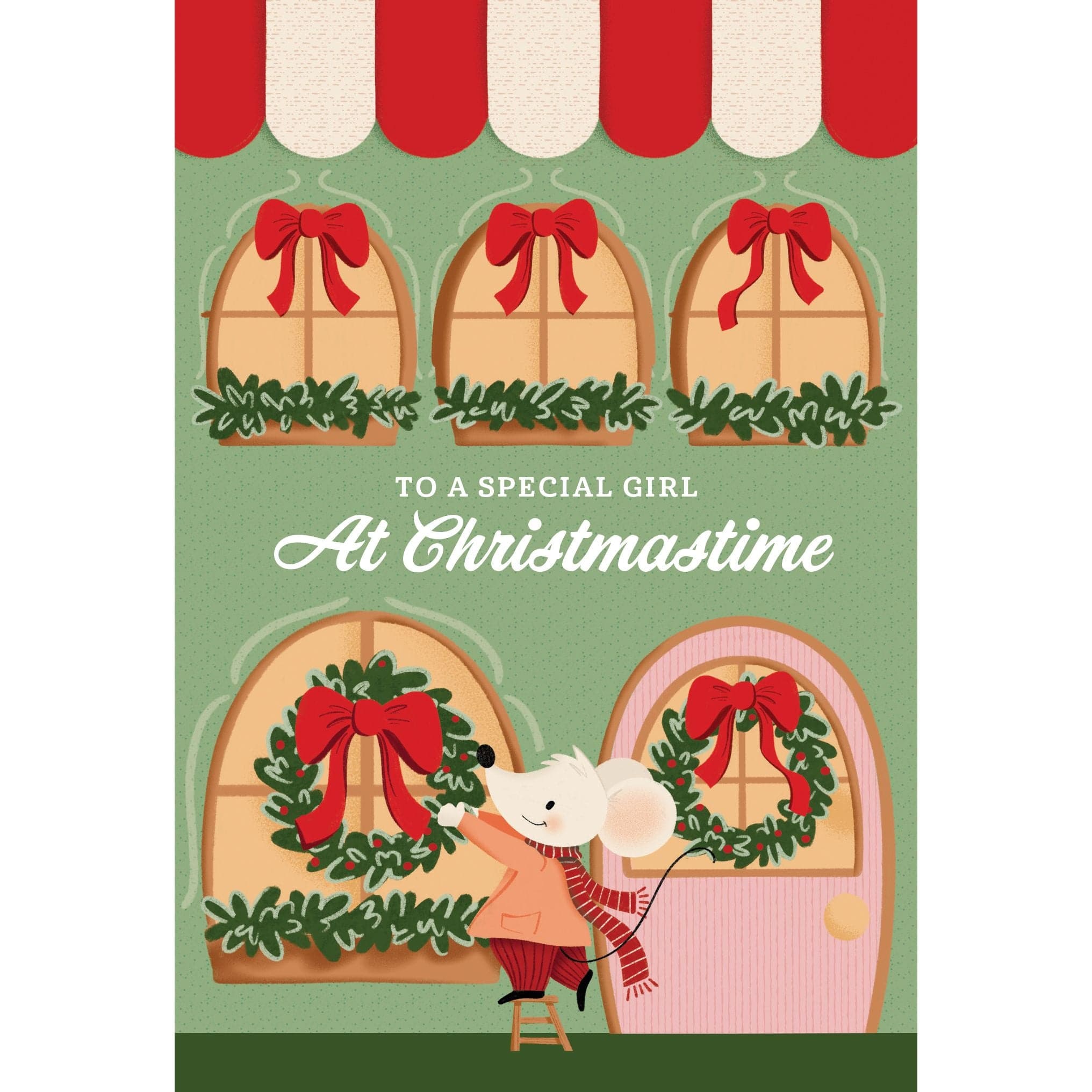 Whimsical Girl Mouse Christmas card by Pictura featuring festive holiday illustrations and cheerful seasonal design.